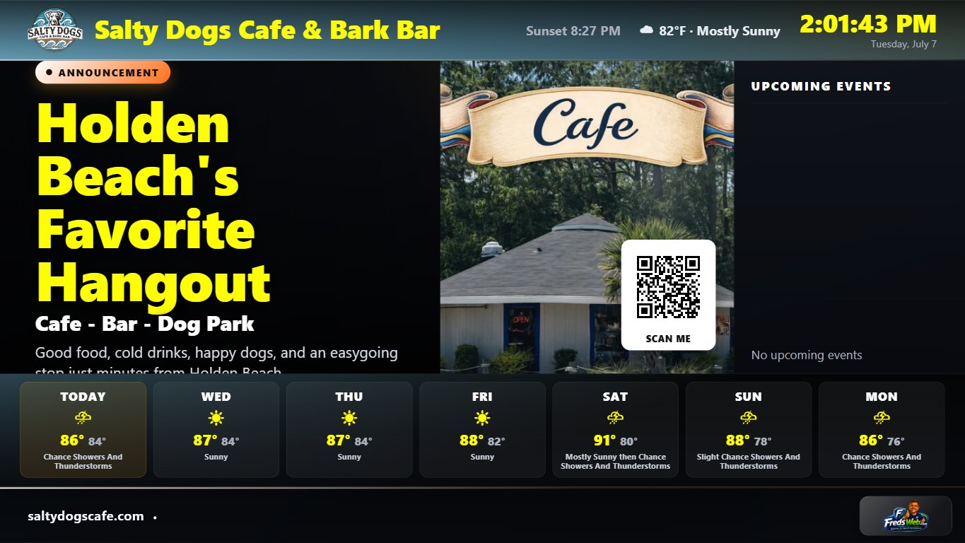 Live Ads Extreme TV player showing a branded venue channel with weather, announcements, upcoming events, and a seven-day forecast