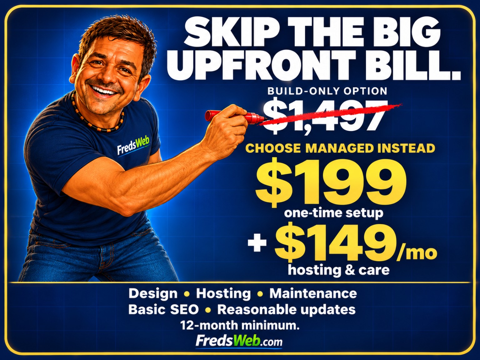 Skip the big upfront bill. Choose Managed Website: $199 one-time setup plus $149 per month for design, hosting, maintenance, basic SEO and reasonable updates. 12-month minimum. The separate build-only option is $1,497.